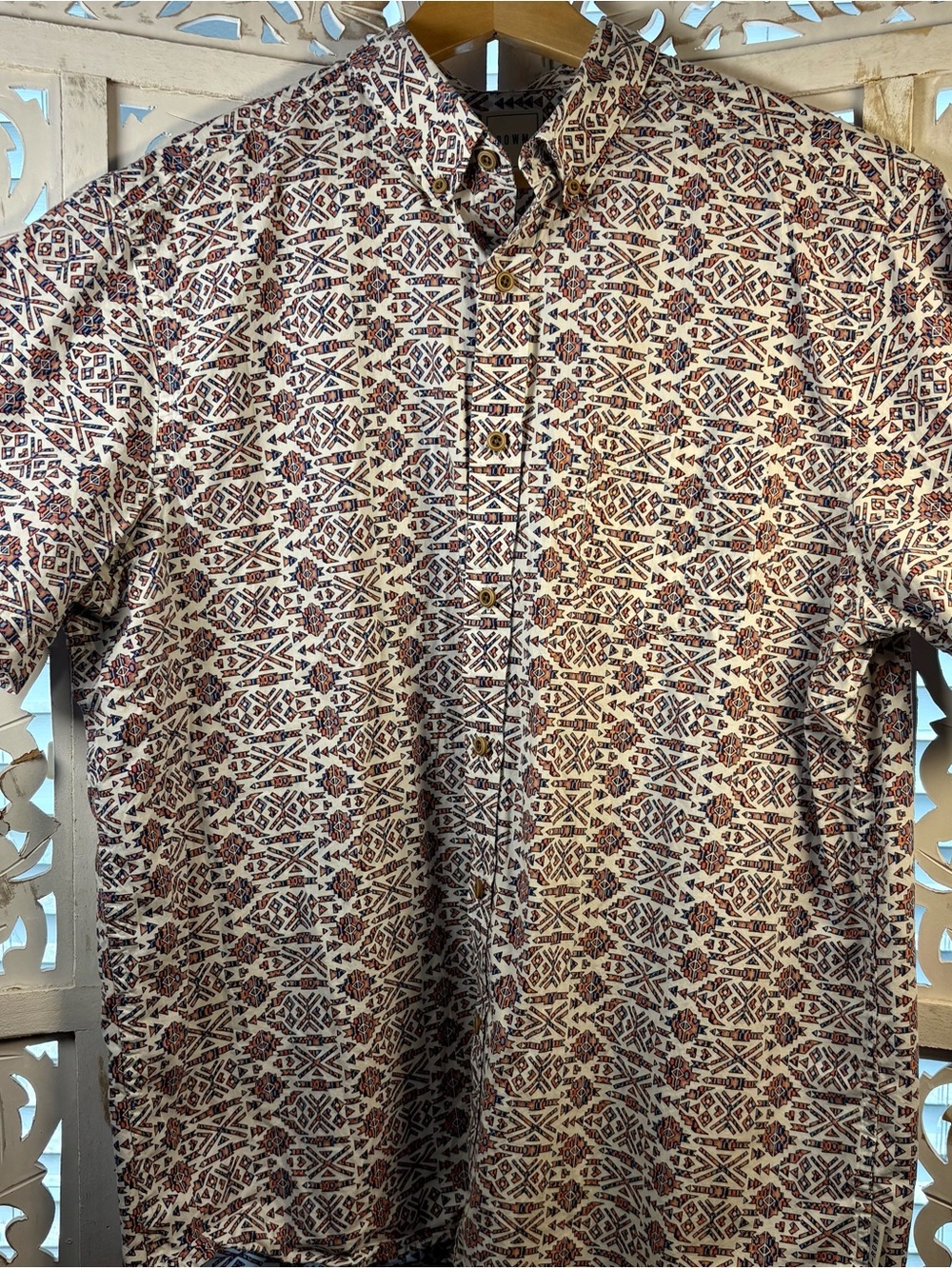 ROWM Men’s Casual Button-Down Shirt in White with Navy & Orange Pattern